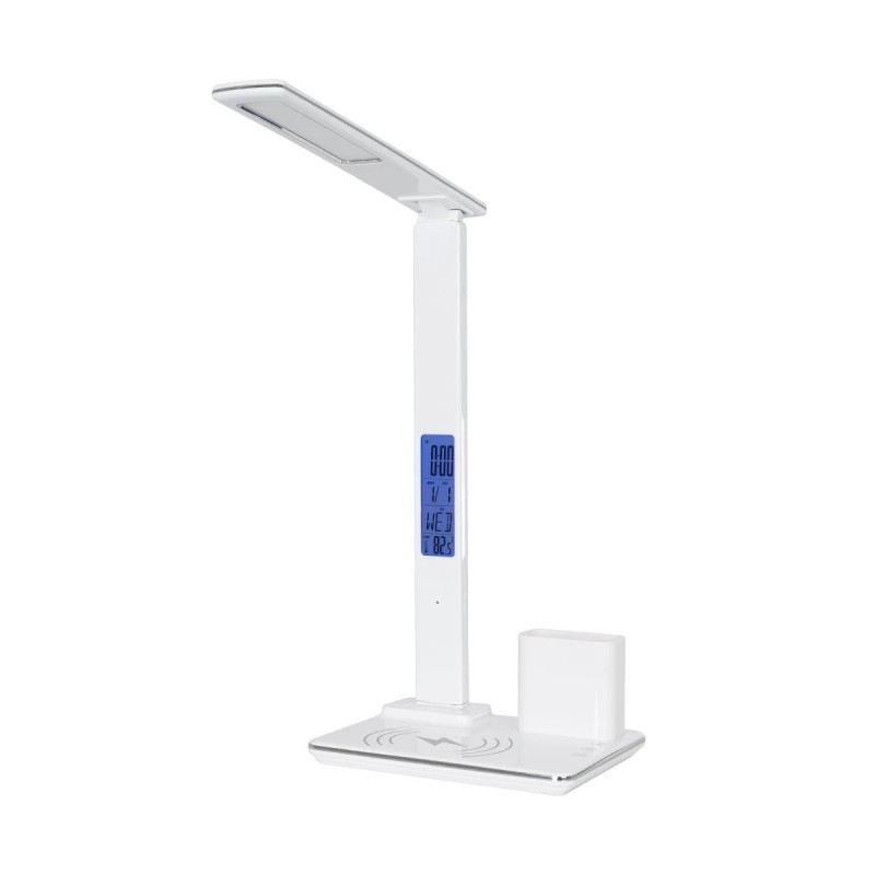 GLOBOSTAR® ZENTIME 76554 Μοντέρνο Επιτραπέζιο Φωτιστικό Γραφείου με Ασύρματη Φόρτιση 15W 3A & Ψηφιακό Ρολόι LED 3.5W 350lm 120° DC 5V με USB-C IP20 Ρυθμιζόμενο Λευκό CCT με Αφή 2700K/4500K/6000K Dimmable - Sanan SMD Chip - Μαύρο - Μ19.5 x Π14.5 x Υ38.