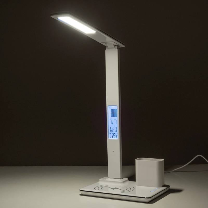 GLOBOSTAR® ZENTIME 76554 Μοντέρνο Επιτραπέζιο Φωτιστικό Γραφείου με Ασύρματη Φόρτιση 15W 3A & Ψηφιακό Ρολόι LED 3.5W 350lm 120° DC 5V με USB-C IP20 Ρυθμιζόμενο Λευκό CCT με Αφή 2700K/4500K/6000K Dimmable - Sanan SMD Chip - Μαύρο - Μ19.5 x Π14.5 x Υ38.