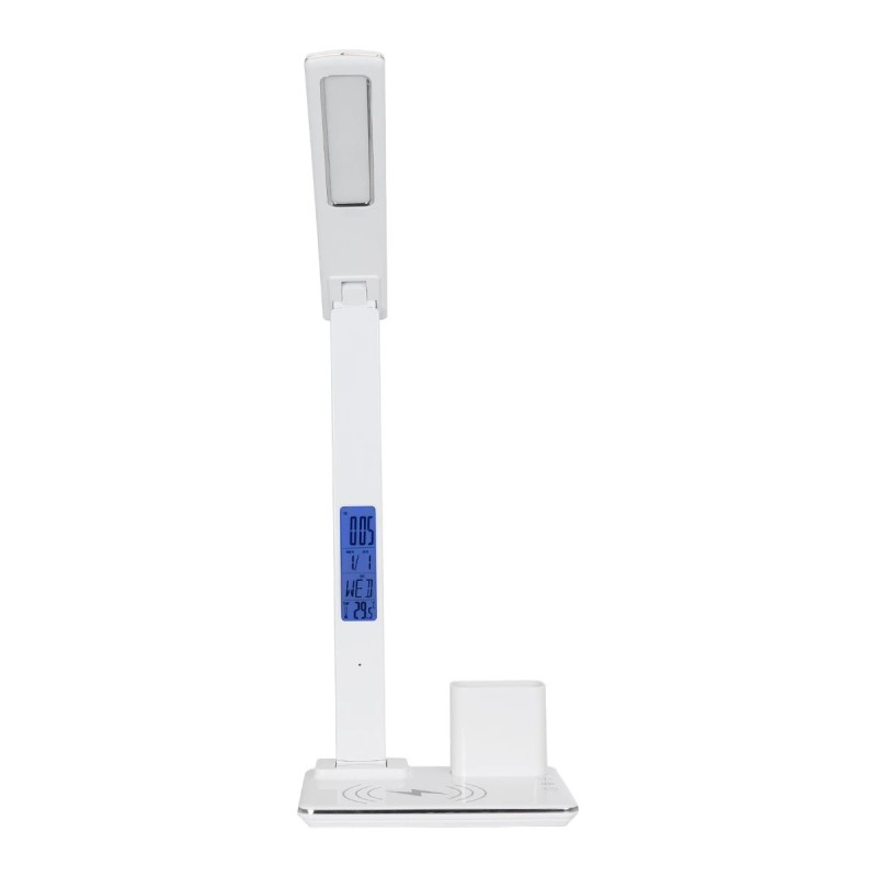 GLOBOSTAR® ZENTIME 76554 Μοντέρνο Επιτραπέζιο Φωτιστικό Γραφείου με Ασύρματη Φόρτιση 15W 3A & Ψηφιακό Ρολόι LED 3.5W 350lm 120° DC 5V με USB-C IP20 Ρυθμιζόμενο Λευκό CCT με Αφή 2700K/4500K/6000K Dimmable - Sanan SMD Chip - Μαύρο - Μ19.5 x Π14.5 x Υ38.