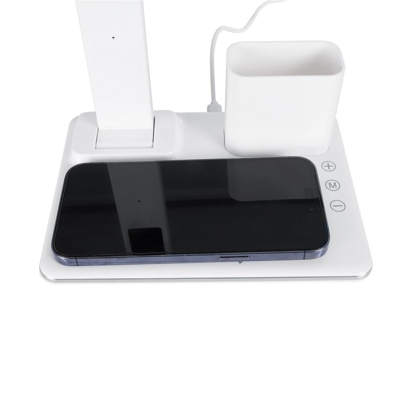 GLOBOSTAR® ZENTIME 76554 Μοντέρνο Επιτραπέζιο Φωτιστικό Γραφείου με Ασύρματη Φόρτιση 15W 3A & Ψηφιακό Ρολόι LED 3.5W 350lm 120° DC 5V με USB-C IP20 Ρυθμιζόμενο Λευκό CCT με Αφή 2700K/4500K/6000K Dimmable - Sanan SMD Chip - Μαύρο - Μ19.5 x Π14.5 x Υ38.