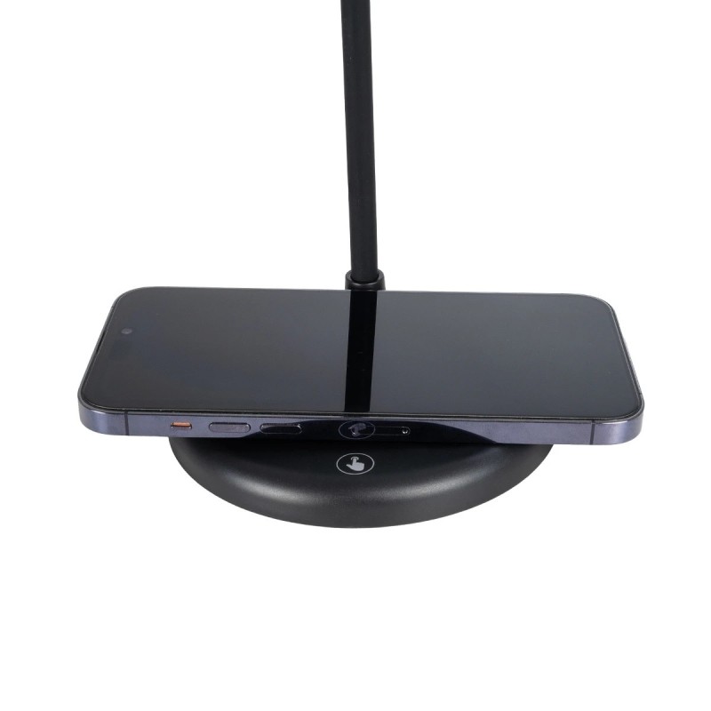 GLOBOSTAR® LUCORA 76556 Μοντέρνο Επιτραπέζιο Φωτιστικό Γραφείου με Ασύρματη Φόρτιση 10W 2A & 4W Bluetooth Ηχείο LED 3W 300lm 120° DC 5V με USB-C IP20 Ρυθμιζόμενο Λευκό CCT με Αφή 2700K/4500K/6000K Dimmable - Sanan SMD Chip - Μαύρο - Μ12 x Π12 x Υ32cm