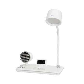 GLOBOSTAR® OLDY 76557 Μοντέρνο Επιτραπέζιο Φωτιστικό Γραφείου με Ασύρματη Φόρτιση 15W 3A, 5W Bluetooth Ηχείο & Ψηφιακό Ρολόι LED 3W 300lm 120° DC 5V με USB-C IP20 Ρυθμιζόμενο Λευκό CCT με Αφή 2700K/4500K/6000K Dimmable - Sanan SMD Chip - Λευκό - Μ13 x