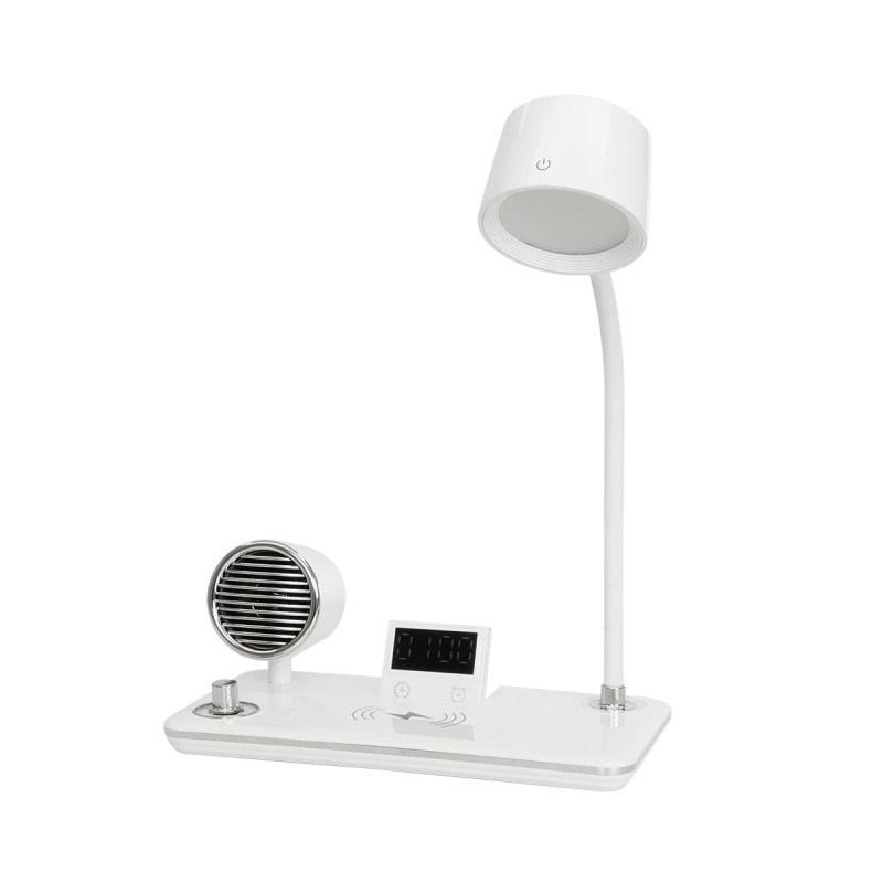GLOBOSTAR® OLDY 76557 Μοντέρνο Επιτραπέζιο Φωτιστικό Γραφείου με Ασύρματη Φόρτιση 15W 3A, 5W Bluetooth Ηχείο & Ψηφιακό Ρολόι LED 3W 300lm 120° DC 5V με USB-C IP20 Ρυθμιζόμενο Λευκό CCT με Αφή 2700K/4500K/6000K Dimmable - Sanan SMD Chip - Λευκό - Μ13 x
