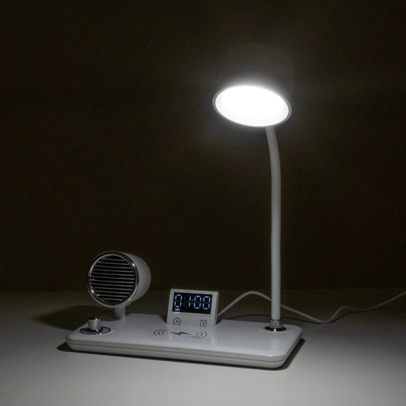 GLOBOSTAR® OLDY 76557 Μοντέρνο Επιτραπέζιο Φωτιστικό Γραφείου με Ασύρματη Φόρτιση 15W 3A, 5W Bluetooth Ηχείο & Ψηφιακό Ρολόι LED 3W 300lm 120° DC 5V με USB-C IP20 Ρυθμιζόμενο Λευκό CCT με Αφή 2700K/4500K/6000K Dimmable - Sanan SMD Chip - Λευκό - Μ13 x