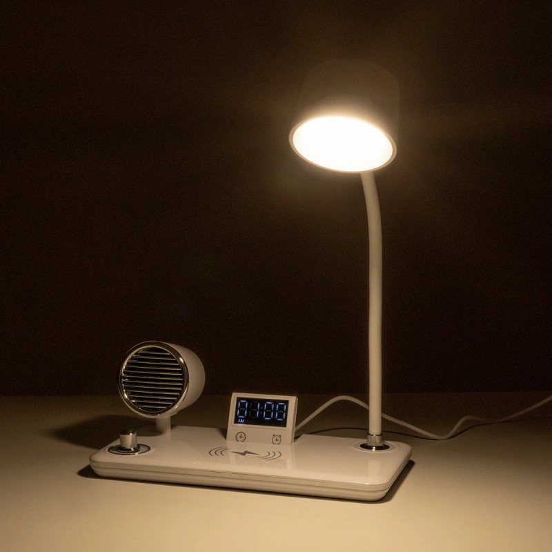 GLOBOSTAR® OLDY 76557 Μοντέρνο Επιτραπέζιο Φωτιστικό Γραφείου με Ασύρματη Φόρτιση 15W 3A, 5W Bluetooth Ηχείο & Ψηφιακό Ρολόι LED 3W 300lm 120° DC 5V με USB-C IP20 Ρυθμιζόμενο Λευκό CCT με Αφή 2700K/4500K/6000K Dimmable - Sanan SMD Chip - Λευκό - Μ13 x