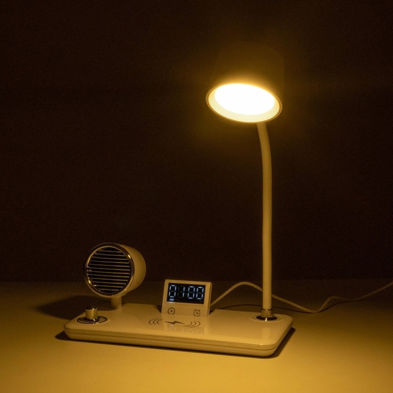 GLOBOSTAR® OLDY 76557 Μοντέρνο Επιτραπέζιο Φωτιστικό Γραφείου με Ασύρματη Φόρτιση 15W 3A, 5W Bluetooth Ηχείο & Ψηφιακό Ρολόι LED 3W 300lm 120° DC 5V με USB-C IP20 Ρυθμιζόμενο Λευκό CCT με Αφή 2700K/4500K/6000K Dimmable - Sanan SMD Chip - Λευκό - Μ13 x