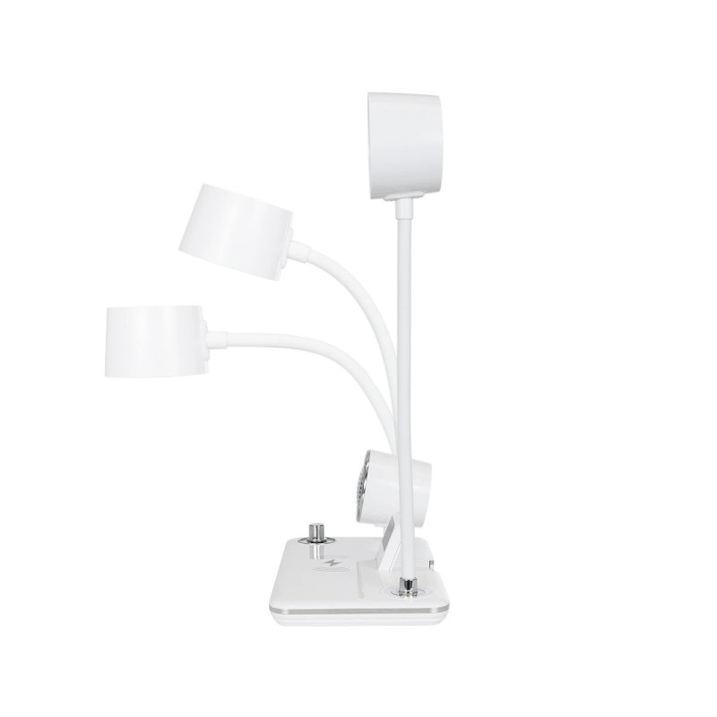 GLOBOSTAR® OLDY 76557 Μοντέρνο Επιτραπέζιο Φωτιστικό Γραφείου με Ασύρματη Φόρτιση 15W 3A, 5W Bluetooth Ηχείο & Ψηφιακό Ρολόι LED 3W 300lm 120° DC 5V με USB-C IP20 Ρυθμιζόμενο Λευκό CCT με Αφή 2700K/4500K/6000K Dimmable - Sanan SMD Chip - Λευκό - Μ13 x