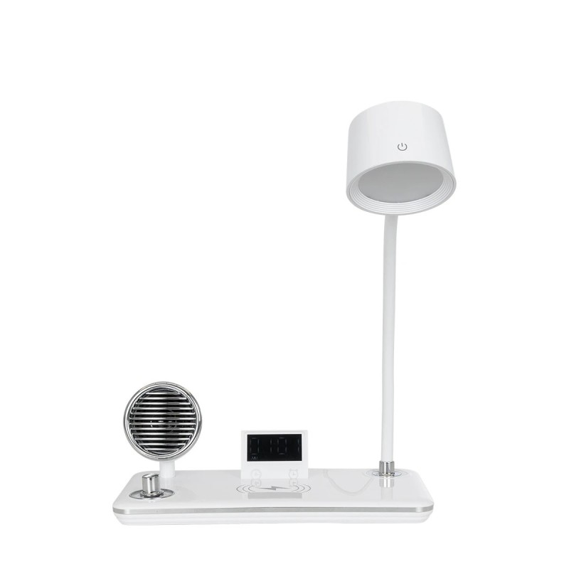 GLOBOSTAR® OLDY 76557 Μοντέρνο Επιτραπέζιο Φωτιστικό Γραφείου με Ασύρματη Φόρτιση 15W 3A, 5W Bluetooth Ηχείο & Ψηφιακό Ρολόι LED 3W 300lm 120° DC 5V με USB-C IP20 Ρυθμιζόμενο Λευκό CCT με Αφή 2700K/4500K/6000K Dimmable - Sanan SMD Chip - Λευκό - Μ13 x