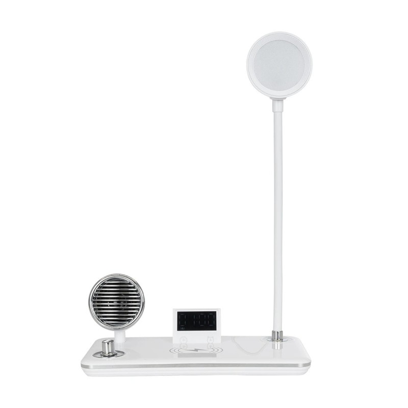 GLOBOSTAR® OLDY 76557 Μοντέρνο Επιτραπέζιο Φωτιστικό Γραφείου με Ασύρματη Φόρτιση 15W 3A, 5W Bluetooth Ηχείο & Ψηφιακό Ρολόι LED 3W 300lm 120° DC 5V με USB-C IP20 Ρυθμιζόμενο Λευκό CCT με Αφή 2700K/4500K/6000K Dimmable - Sanan SMD Chip - Λευκό - Μ13 x