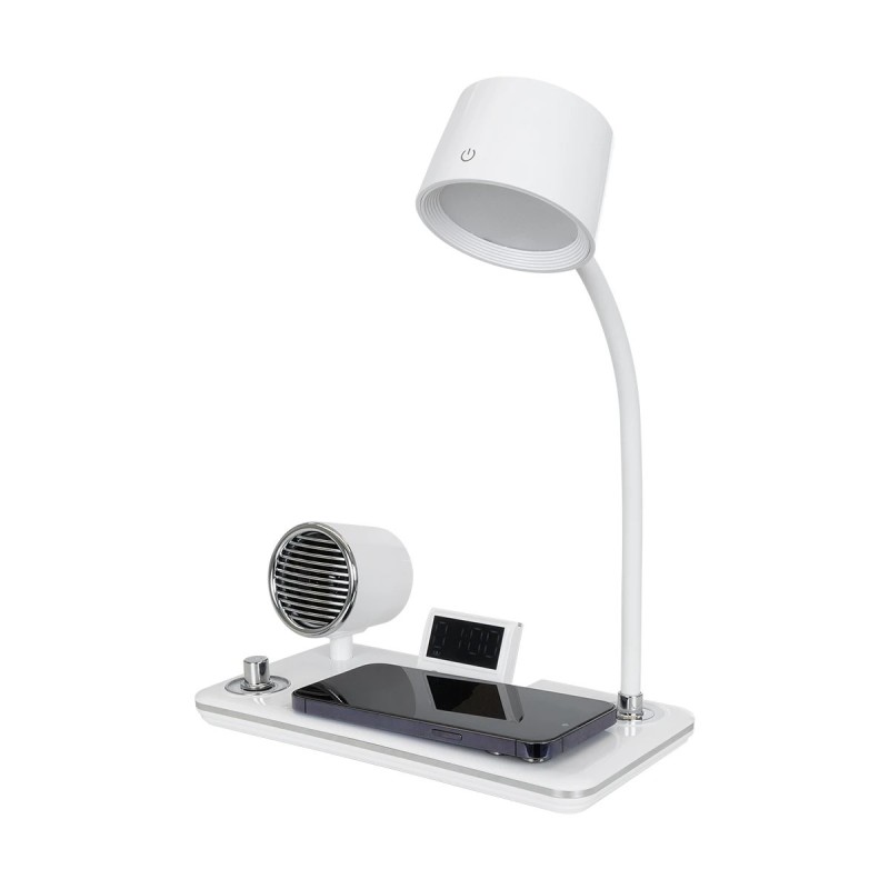 GLOBOSTAR® OLDY 76557 Μοντέρνο Επιτραπέζιο Φωτιστικό Γραφείου με Ασύρματη Φόρτιση 15W 3A, 5W Bluetooth Ηχείο & Ψηφιακό Ρολόι LED 3W 300lm 120° DC 5V με USB-C IP20 Ρυθμιζόμενο Λευκό CCT με Αφή 2700K/4500K/6000K Dimmable - Sanan SMD Chip - Λευκό - Μ13 x