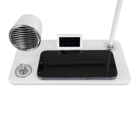 GLOBOSTAR® OLDY 76557 Μοντέρνο Επιτραπέζιο Φωτιστικό Γραφείου με Ασύρματη Φόρτιση 15W 3A, 5W Bluetooth Ηχείο & Ψηφιακό Ρολόι LED 3W 300lm 120° DC 5V με USB-C IP20 Ρυθμιζόμενο Λευκό CCT με Αφή 2700K/4500K/6000K Dimmable - Sanan SMD Chip - Λευκό - Μ13 x GLOBOSTAR® OLDY 76557 Μοντέρνο Επιτραπέζιο Φωτιστικό Γραφείου με Ασύρματη Φόρτιση 15W 3A, 5W Bluetooth Ηχείο & Ψηφιακό Ρολόι LED 3W 300lm 120° DC 5V με USB-C IP20 Ρυθμιζόμενο Λευκό CCT με Αφή 2700K/4500K/6000K Dimmable - Sanan SMD Chip - Λευκό - Μ13 x