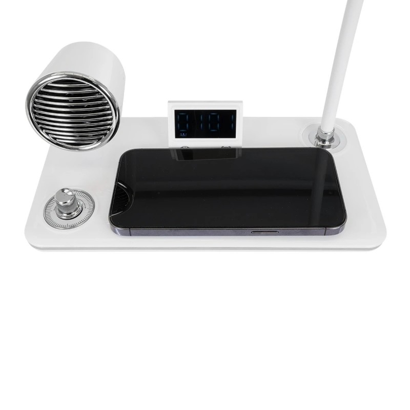 GLOBOSTAR® OLDY 76557 Μοντέρνο Επιτραπέζιο Φωτιστικό Γραφείου με Ασύρματη Φόρτιση 15W 3A, 5W Bluetooth Ηχείο & Ψηφιακό Ρολόι LED 3W 300lm 120° DC 5V με USB-C IP20 Ρυθμιζόμενο Λευκό CCT με Αφή 2700K/4500K/6000K Dimmable - Sanan SMD Chip - Λευκό - Μ13 x