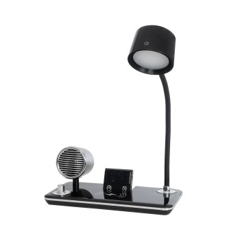 GLOBOSTAR® OLDY 76563 Μοντέρνο Επιτραπέζιο Φωτιστικό Γραφείου με Ασύρματη Φόρτιση 15W 3A, 5W Bluetooth Ηχείο & Ψηφιακό Ρολόι LED 3W 300lm 120° DC 5V με USB-C IP20 Ρυθμιζόμενο Λευκό CCT με Αφή 2700K/4500K/6000K Dimmable - Sanan SMD Chip - Μαύρο - Μ13 x