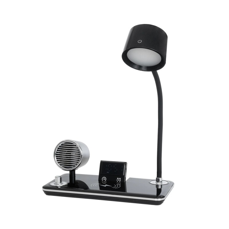 GLOBOSTAR® OLDY 76563 Μοντέρνο Επιτραπέζιο Φωτιστικό Γραφείου με Ασύρματη Φόρτιση 15W 3A, 5W Bluetooth Ηχείο & Ψηφιακό Ρολόι LED 3W 300lm 120° DC 5V με USB-C IP20 Ρυθμιζόμενο Λευκό CCT με Αφή 2700K/4500K/6000K Dimmable - Sanan SMD Chip - Μαύρο - Μ13 x