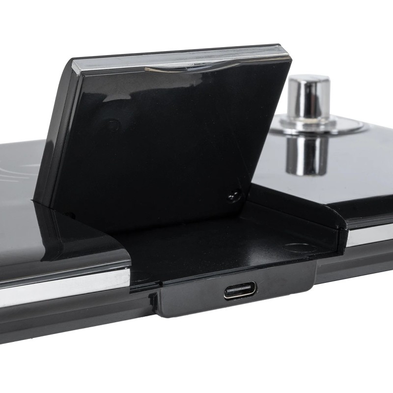 GLOBOSTAR® OLDY 76563 Μοντέρνο Επιτραπέζιο Φωτιστικό Γραφείου με Ασύρματη Φόρτιση 15W 3A, 5W Bluetooth Ηχείο & Ψηφιακό Ρολόι LED 3W 300lm 120° DC 5V με USB-C IP20 Ρυθμιζόμενο Λευκό CCT με Αφή 2700K/4500K/6000K Dimmable - Sanan SMD Chip - Μαύρο - Μ13 x