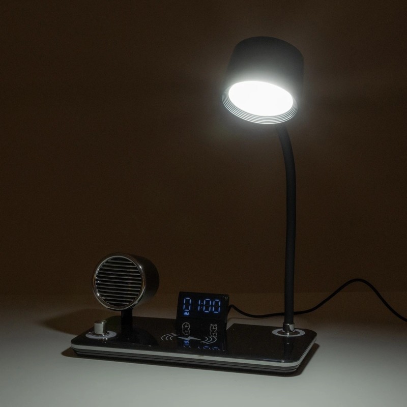 GLOBOSTAR® OLDY 76563 Μοντέρνο Επιτραπέζιο Φωτιστικό Γραφείου με Ασύρματη Φόρτιση 15W 3A, 5W Bluetooth Ηχείο & Ψηφιακό Ρολόι LED 3W 300lm 120° DC 5V με USB-C IP20 Ρυθμιζόμενο Λευκό CCT με Αφή 2700K/4500K/6000K Dimmable - Sanan SMD Chip - Μαύρο - Μ13 x