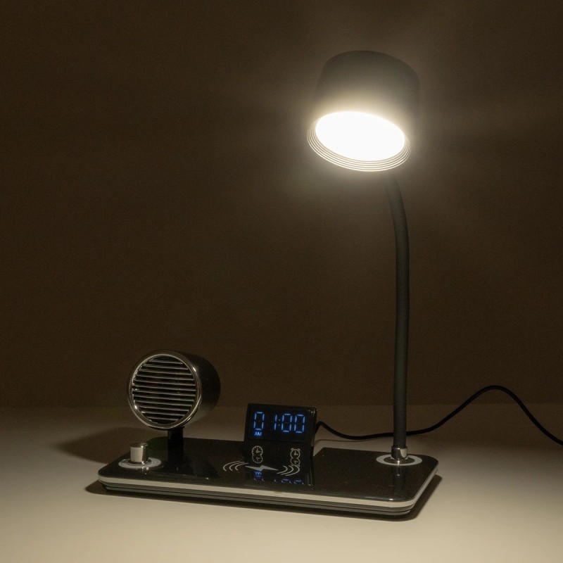 GLOBOSTAR® OLDY 76563 Μοντέρνο Επιτραπέζιο Φωτιστικό Γραφείου με Ασύρματη Φόρτιση 15W 3A, 5W Bluetooth Ηχείο & Ψηφιακό Ρολόι LED 3W 300lm 120° DC 5V με USB-C IP20 Ρυθμιζόμενο Λευκό CCT με Αφή 2700K/4500K/6000K Dimmable - Sanan SMD Chip - Μαύρο - Μ13 x