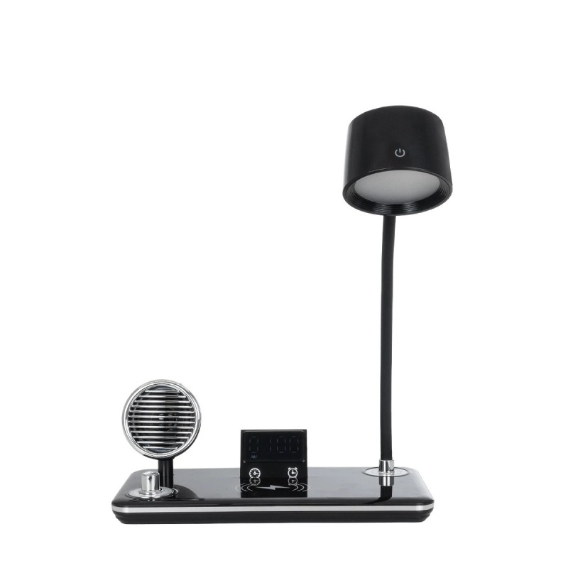 GLOBOSTAR® OLDY 76563 Μοντέρνο Επιτραπέζιο Φωτιστικό Γραφείου με Ασύρματη Φόρτιση 15W 3A, 5W Bluetooth Ηχείο & Ψηφιακό Ρολόι LED 3W 300lm 120° DC 5V με USB-C IP20 Ρυθμιζόμενο Λευκό CCT με Αφή 2700K/4500K/6000K Dimmable - Sanan SMD Chip - Μαύρο - Μ13 x