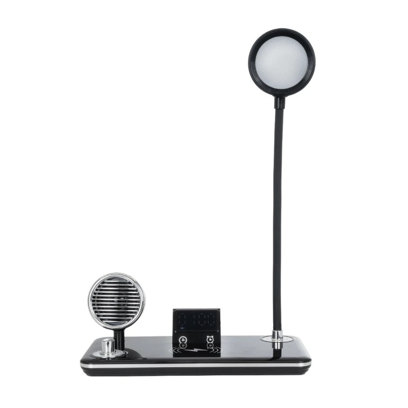 GLOBOSTAR® OLDY 76563 Μοντέρνο Επιτραπέζιο Φωτιστικό Γραφείου με Ασύρματη Φόρτιση 15W 3A, 5W Bluetooth Ηχείο & Ψηφιακό Ρολόι LED 3W 300lm 120° DC 5V με USB-C IP20 Ρυθμιζόμενο Λευκό CCT με Αφή 2700K/4500K/6000K Dimmable - Sanan SMD Chip - Μαύρο - Μ13 x