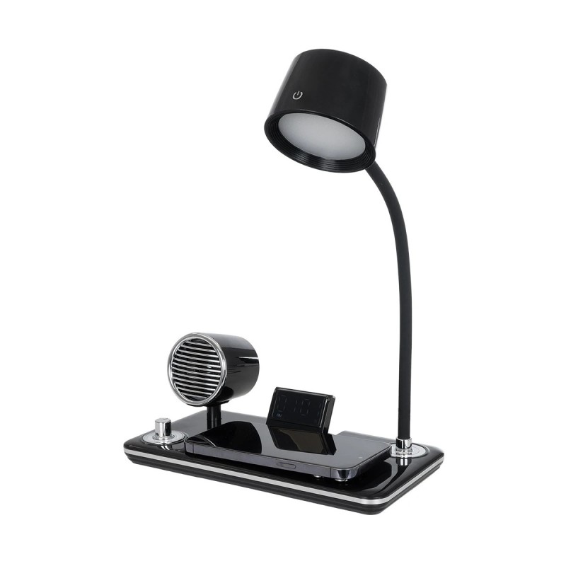 GLOBOSTAR® OLDY 76563 Μοντέρνο Επιτραπέζιο Φωτιστικό Γραφείου με Ασύρματη Φόρτιση 15W 3A, 5W Bluetooth Ηχείο & Ψηφιακό Ρολόι LED 3W 300lm 120° DC 5V με USB-C IP20 Ρυθμιζόμενο Λευκό CCT με Αφή 2700K/4500K/6000K Dimmable - Sanan SMD Chip - Μαύρο - Μ13 x