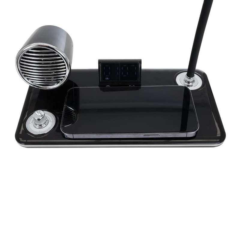 GLOBOSTAR® OLDY 76563 Μοντέρνο Επιτραπέζιο Φωτιστικό Γραφείου με Ασύρματη Φόρτιση 15W 3A, 5W Bluetooth Ηχείο & Ψηφιακό Ρολόι LED 3W 300lm 120° DC 5V με USB-C IP20 Ρυθμιζόμενο Λευκό CCT με Αφή 2700K/4500K/6000K Dimmable - Sanan SMD Chip - Μαύρο - Μ13 x
