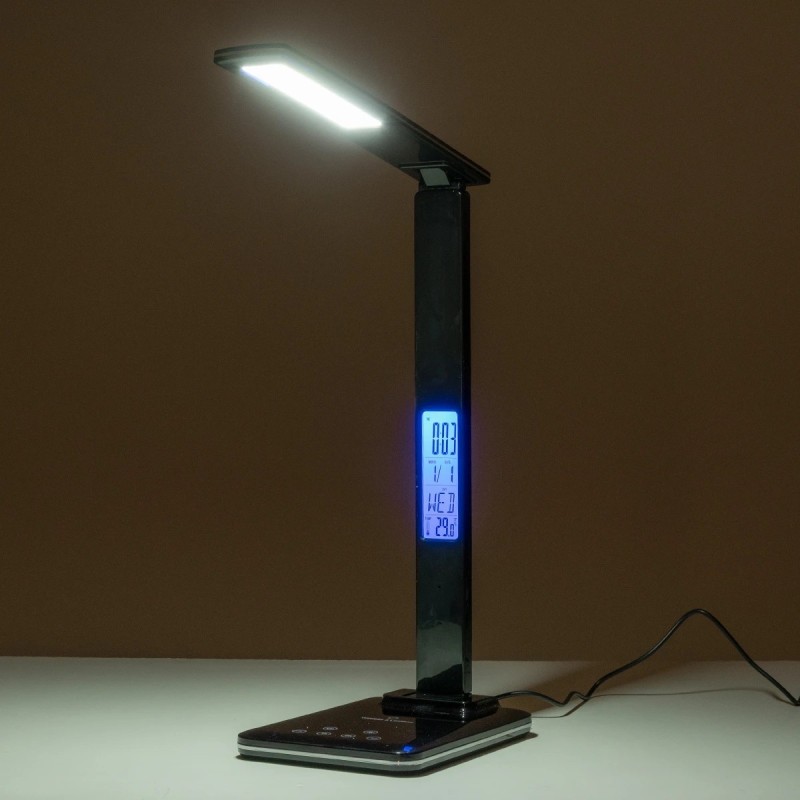 GLOBOSTAR® ZENTIME 76564 Μοντέρνο Επιτραπέζιο Φωτιστικό Γραφείου με Ασύρματη Φόρτιση 10W 2A & Ψηφιακό Ρολόι LED 3.5W 350lm 120° DC 5V με USB-C IP20 Ρυθμιζόμενο Λευκό CCT με Αφή 2700K/4500K/6000K Dimmable - Sanan SMD Chip - Μαύρο - Μ18 x Π12 x Υ40cm -