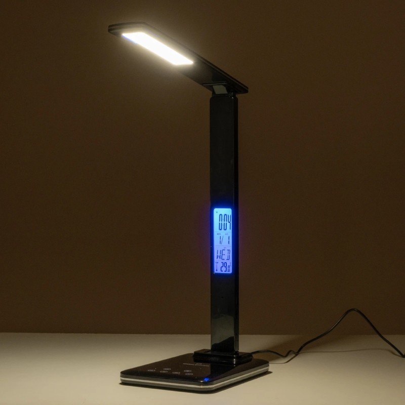 GLOBOSTAR® ZENTIME 76564 Μοντέρνο Επιτραπέζιο Φωτιστικό Γραφείου με Ασύρματη Φόρτιση 10W 2A & Ψηφιακό Ρολόι LED 3.5W 350lm 120° DC 5V με USB-C IP20 Ρυθμιζόμενο Λευκό CCT με Αφή 2700K/4500K/6000K Dimmable - Sanan SMD Chip - Μαύρο - Μ18 x Π12 x Υ40cm -