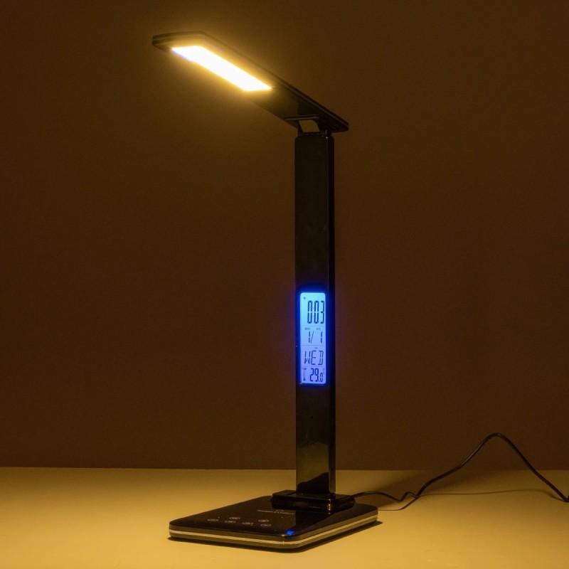 GLOBOSTAR® ZENTIME 76564 Μοντέρνο Επιτραπέζιο Φωτιστικό Γραφείου με Ασύρματη Φόρτιση 10W 2A & Ψηφιακό Ρολόι LED 3.5W 350lm 120° DC 5V με USB-C IP20 Ρυθμιζόμενο Λευκό CCT με Αφή 2700K/4500K/6000K Dimmable - Sanan SMD Chip - Μαύρο - Μ18 x Π12 x Υ40cm -