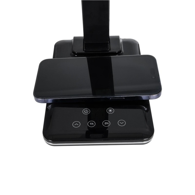 GLOBOSTAR® ZENTIME 76564 Μοντέρνο Επιτραπέζιο Φωτιστικό Γραφείου με Ασύρματη Φόρτιση 10W 2A & Ψηφιακό Ρολόι LED 3.5W 350lm 120° DC 5V με USB-C IP20 Ρυθμιζόμενο Λευκό CCT με Αφή 2700K/4500K/6000K Dimmable - Sanan SMD Chip - Μαύρο - Μ18 x Π12 x Υ40cm -