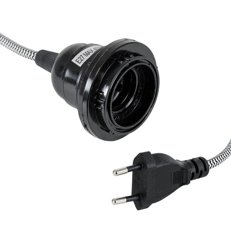 GloboStar® 77668 Μοντέρνο Κρεμαστό Φωτιστικό Ανάρτηση Μονόφωτο 1 x E27 IP2 Μαύρο & Άσπρο Ύφασμα με Μαύρο Πλαστικό - Μ5.8 x Π5.8 x Υ140cm