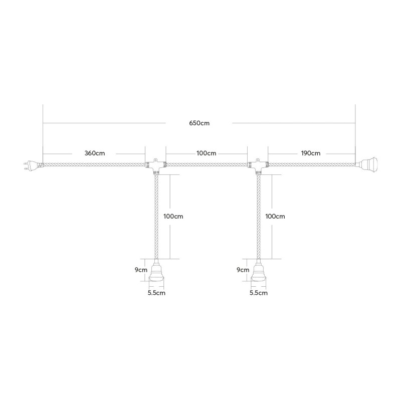 GLOBOSTAR® WHIP 77676 Μοντέρνο DIY Φωτιστικό με Υφασμάτινο Καλώδιο, Ντουί 3 x E27, Διακόπτη On/Off & Πρίζα AC 220-240V IP20 - Μπεζ & Μαύρο - Μ650 x Π5.5 x Υ100cm