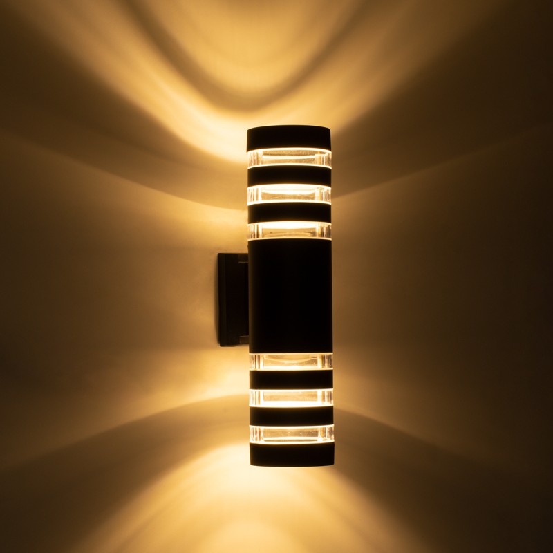 GloboStar® ORION 77883 Φωτιστικό Τοίχου - Απλίκα Αρχιτεκτονικού Φωτισμού Εσωτερικού/Εξωτερικού Χώρου Up & Down Δίφωτο 2 x GU10 AC220-240V Αδιάβροχο IP65 - Σώμα Αλουμινίου & Tempered Glass - Μ9 x Π15x Υ35.5cm - Μαύρο - 5 Years Warranty