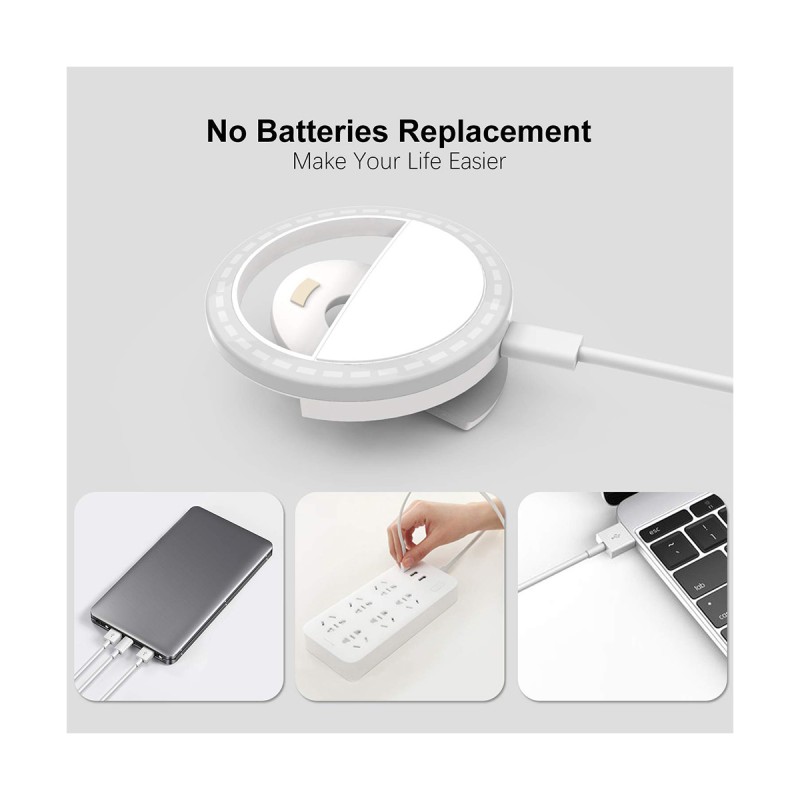 GloboStar® 79042 Selfie Ring Light LED SMD 2W 200 lm Λευκό Σώμα με Ενσωματωμένη Επαναφορτιζόμενη Μπαταρία 500mAh & Καλώδιο Φόρτισης Micro USB Ψυχρό Λευκό 6000 K για Κινητό Τηλέφωνο και Tablet Φ8.5 x Υ2.5cm