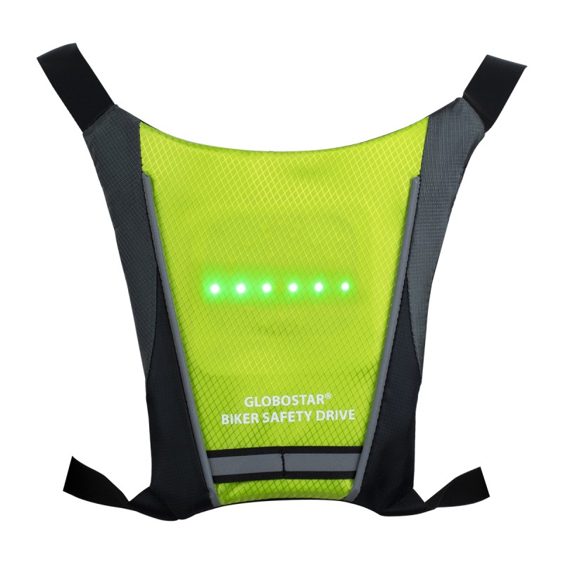 GloboStar® 79069 Γιλέκο Ασφαλείας Φωσφοριζέ Αντανακλαστικό για Ποδηλάτες & Runners με Φωτεινή Σήμανση LED - Ενσωματωμένη Μπαταρία 650mAh DC 5V Επαναφορτιζόμενο με Καλώδιο Τροφοδοσίας USB & Ασύρματο Χειριστήριο - Λαχανί Φωσφοριζέ & Μαύρο Αδιάβρ
