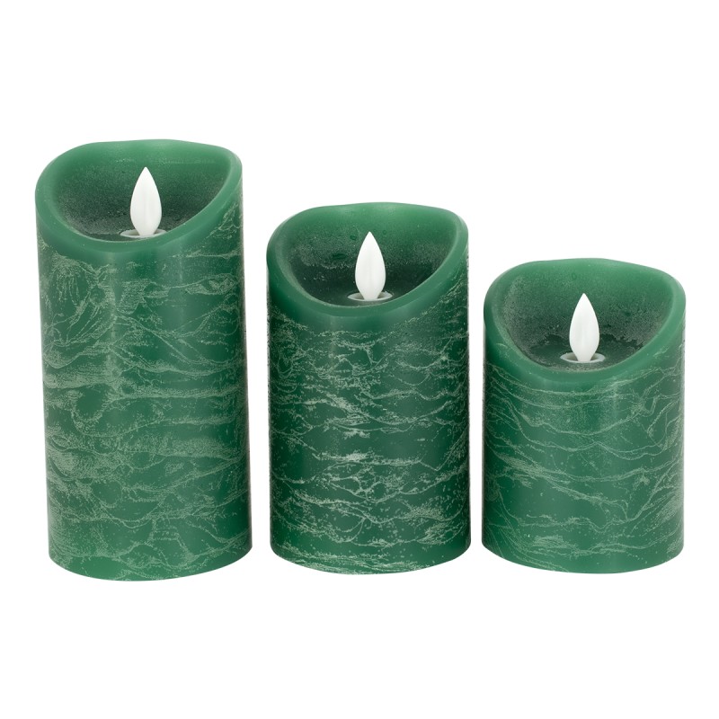 GloboStar® 79560 ΣΕΤ 3 Διακοσμητικών Realistic Κεριών Παραφίνης με LED Εφέ Κινούμενης Φλόγας - Μπαταρίας & Ασύρματο Χειριστήριο IR Πράσινα με Ασημένιες Ρίγες Θερμό Λευκό 3000K Dimmable