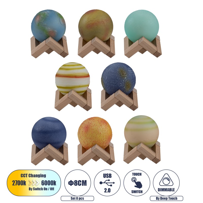 GloboStar® MOON 79609 Σετ 8 Τεμ. Μοντέρνα Επιτραπέζια Φωτιστικα Πορτατίφ LED 2W 120lm 360° DC 5V - Εναλλαγή Φωτισμού μέσω Τηλεχειριστηρίου & Αφής - Dimmable - CCT Θερμό Λευκό 3000K - Ψυχρό Λευκό 6000K  - Φ8 x Υ11 - Πολύχρωμα