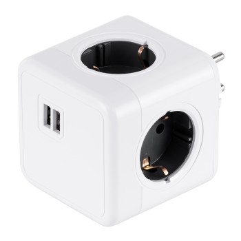 GLOBOSTAR® POWERCUBE 79633 Πολύπριζο 6 Θέσεων με 2 x Πρίζες DC 5V USB 2.0 & 4 x EU Schuko Πρίζες Ασφαλείας Childproof AC 220-240V 3680W/16A Max Load IP20 - Λευκό & Γκρι - Μ7.5 x Π11.5 x Υ7.5cm