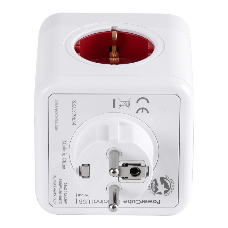 GloboStar® TRAVEL PowerCube PRO Certified 79634 Πολύπριζο 6 Θέσεων με 4 Πρίζες Ασφαλείας Childproof EU Schuko AC 220-240V & 2 Πρίζες USB Max 2.1A/DC 5V Μ7.5 x Π11.5 x Υ7.5 - Λευκό με Κόκκινο - Max Load 3680W/16A