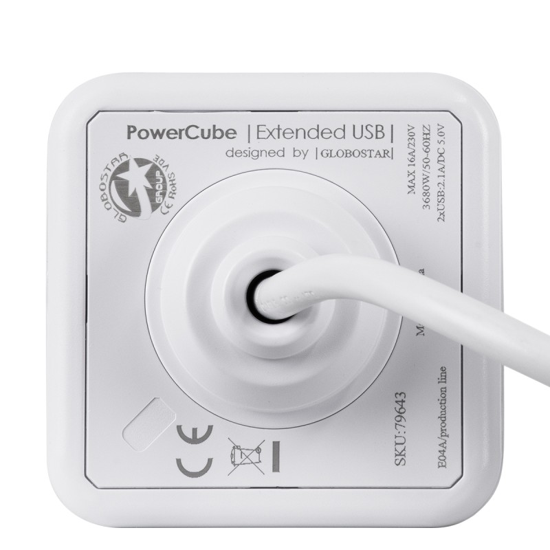 GloboStar® TRAVEL PowerCube PRO Certified 79643 Πολύπριζο 6 Θέσεων με 1.5m Kαλώδιο - 4 Πρίζες Ασφαλείας Childproof EU Schuko AC 220-240V & 2 Πρίζες USB Max 2.1A/DC 5V Μ7.5 x Π7.5 x Υ7.5 - Λευκό με Μπλε - Max Load 3680W/16A