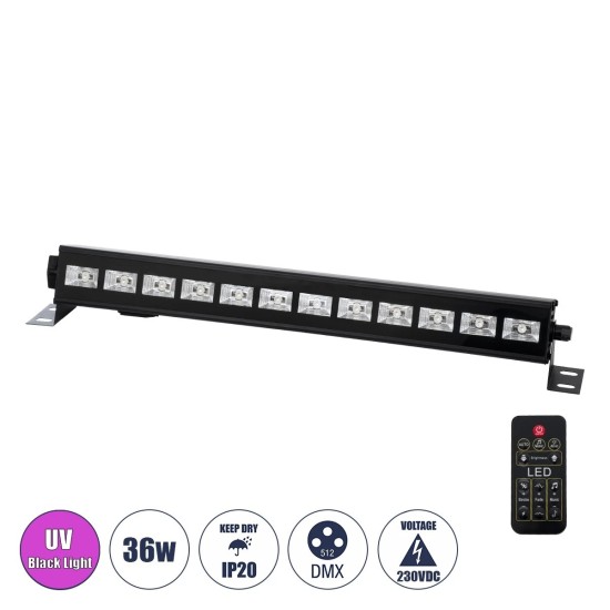 GLOBOSTAR® UVBAR 79660 Μπάρα Φωτισμού LED 36W 120° AC 220-240V IP20 Μαύρο Αλουμίνιο - UV Black Light - DMX512 & Ασύρματο Χειριστήριο IR - Μ50 x Π6 x Υ6cm - 2 Χρόνια Εγγύηση GLOBOSTAR® UVBAR 79660 Μπάρα Φωτισμού LED 36W 120° AC 220-240V IP20 Μαύρο Αλουμίνιο - UV Black Light - DMX512 & Ασύρματο Χειριστήριο IR - Μ50 x Π6 x Υ6cm - 2 Χρόνια Εγγύηση