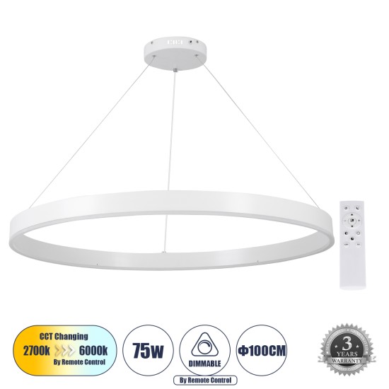 GLOBOSTAR® VENOM 61183 Μοντέρνο Κρεμαστό Φωτιστικό Οροφής LED 75W 8818lm 120° AC 220-240V IP20 Ρυθμιζόμενο Λευκό CCT με Χειριστήριο από 2700K έως 6000K Dimmable - Lumileds SMD Chip - Λευκό Ματ - Μ100 x Π100 x Υ6.5cm - 3 Χρόνια Εγγύηση GLOBOSTAR® VENOM 61183 Μοντέρνο Κρεμαστό Φωτιστικό Οροφής LED 75W 8818lm 120° AC 220-240V IP20 Ρυθμιζόμενο Λευκό CCT με Χειριστήριο από 2700K έως 6000K Dimmable - Lumileds SMD Chip - Λευκό Ματ - Μ100 x Π100 x Υ6.5cm - 3 Χρόνια Εγγύηση