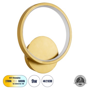 GLOBOSTAR® TED 61072 Μοντέρνο Φωτιστικό Τοίχου - Απλίκα LED 9W 1080lm 300° AC 220-240V IP20 Ρυθμιζόμενο Λευκό CCT με On/Off 2700K/4500K/6000K - Lumileds SMD Chip - Χρυσό Βούρτσας - Μ20 x Π5.5 x Υ23cm - 3 Χρόνια Εγγύηση