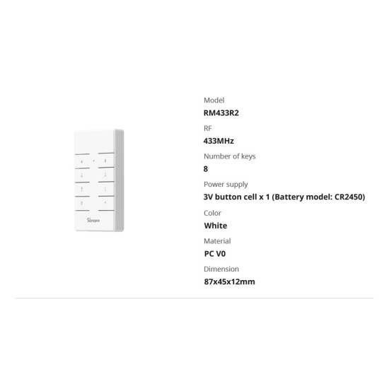 GloboStar® 80074 SONOFF RM433R2 - Remote Controller RF 433Mhz 8 Key (Battery Included) GloboStar® 80074 SONOFF RM433R2 - Remote Controller RF 433Mhz 8 Key (Battery Included)