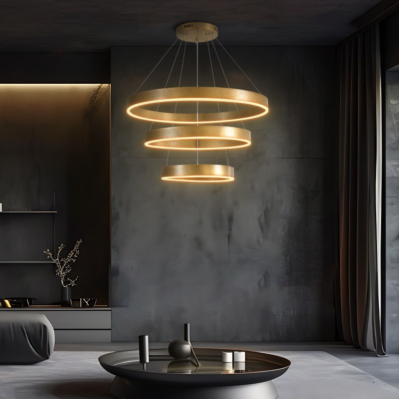 GloboStar® VENOM TRIO 61190 Κρεμαστό Φωτιστικό Δαχτυλίδι-Κύκλος LED CCT 120W 14158lm 120° AC 220-240V - Εναλλαγή Φωτισμού μέσω Τηλεχειριστηρίου All In One Ψυχρό 6000K+Φυσικό 4500K+Θερμό 2700K Dimmable Φ40+60+80cm - Χρυσό Βούρτσας - 3 Years Warranty