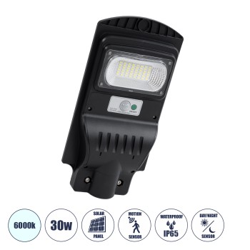 GLOBOSTAR® STREETB 85341 Φωτιστικό Δρόμου LED 30W 1500lm 120° DC 5V με Ενσωματωμένο Φωτοβολταϊκό Panel 6V 6W & Επαναφορτιζόμενη Μπαταρία Li-ion 3.2V 5000mAh με Αισθητήρα Κίνησης-Ημέρας-Νύχτας Αδιάβροχο IP65 Ψυχρό Λευκό 6000K - Μαύρο - Μ20 x Π40 x Υ6cm