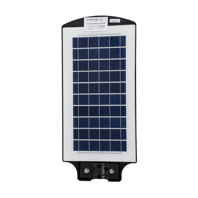 GLOBOSTAR® STREETB 85342 Φωτιστικό Δρόμου LED 60W 3000lm 120° DC 5V με Ενσωματωμένο Φωτοβολταϊκό Panel 6V 9W & Επαναφορτιζόμενη Μπαταρία Li-ion 3.2V 9000mAh με Αισθητήρα Κίνησης-Ημέρας-Νύχτας Αδιάβροχο IP65 Ψυχρό Λευκό 6000K - Μαύρο - Μ22 x Π50 x Υ6cm