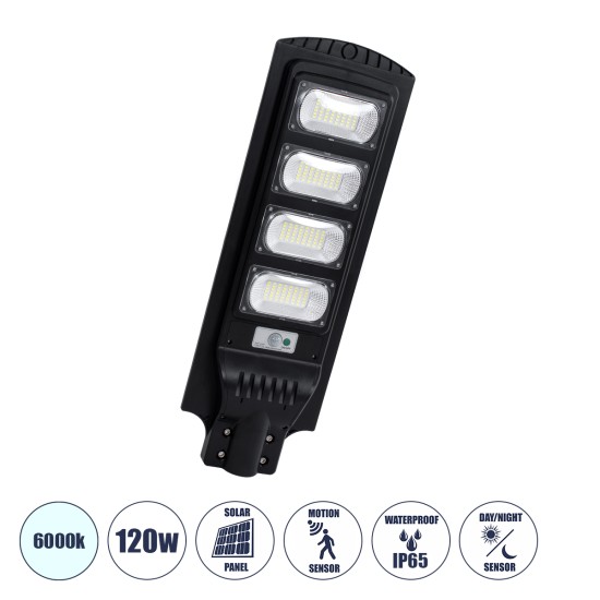 GloboStar® STREETA 85344 Professional LED Solar Street Light Αυτόνομο Ηλιακό Φωτιστικό Δρόμου 120W 1200lm 192 x LED SMD 5730 με Ενσωματωμένο Φωτοβολταϊκό Panel 6V 15W & Επαναφορτιζόμενη Μπαταρία Li-ion 3.2V 15000mAh με Αισθητήρα Ημέρας-Νύχτας & PI GloboStar® STREETA 85344 Professional LED Solar Street Light Αυτόνομο Ηλιακό Φωτιστικό Δρόμου 120W 1200lm 192 x LED SMD 5730 με Ενσωματωμένο Φωτοβολταϊκό Panel 6V 15W & Επαναφορτιζόμενη Μπαταρία Li-ion 3.2V 15000mAh με Αισθητήρα Ημέρας-Νύχτας & PI