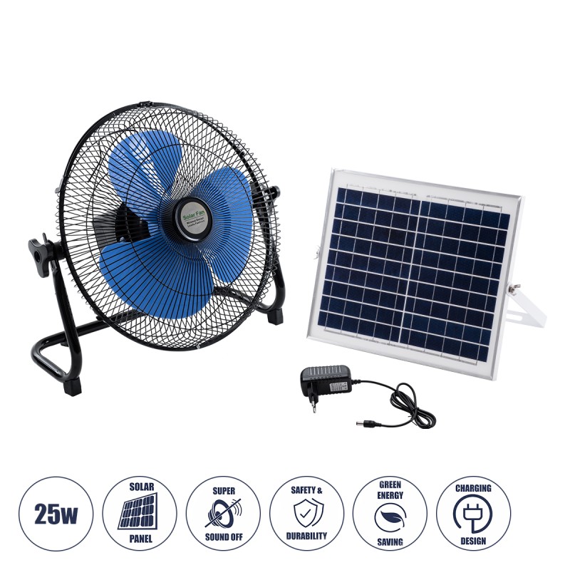 GloboStar® SOLARO-FAN 85351 Solar Fan Αυτόνομος Ηλιακός Επιδαπέδιος Ανεμιστήρας 25W 2 Λειτουργιών Ρεύματος με AC 220-240V ή με Φωτοβολταϊκό Panel 9V 12W & Επαναφορτιζόμενη Μπαταρία Li-ion 7.4V 4400mAh - 12 Ταχύτητες - Ενσωματωμένο USB 2.0 Charger Συσκ