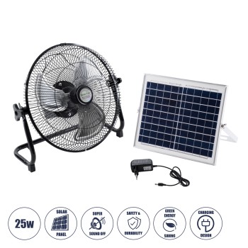 GloboStar® SOLARO-FAN 85352 Solar Fan Αυτόνομος Ηλιακός Επιδαπέδιος Ανεμιστήρας 25W 2 Λειτουργιών Ρεύματος με AC 220-240V ή με Φωτοβολταϊκό Panel 9V 12W & Επαναφορτιζόμενη Μπαταρία Li-ion 7.4V 4400mAh - 12 Ταχύτητες - Ενσωματωμένο USB 2.0 Charger Συσκ