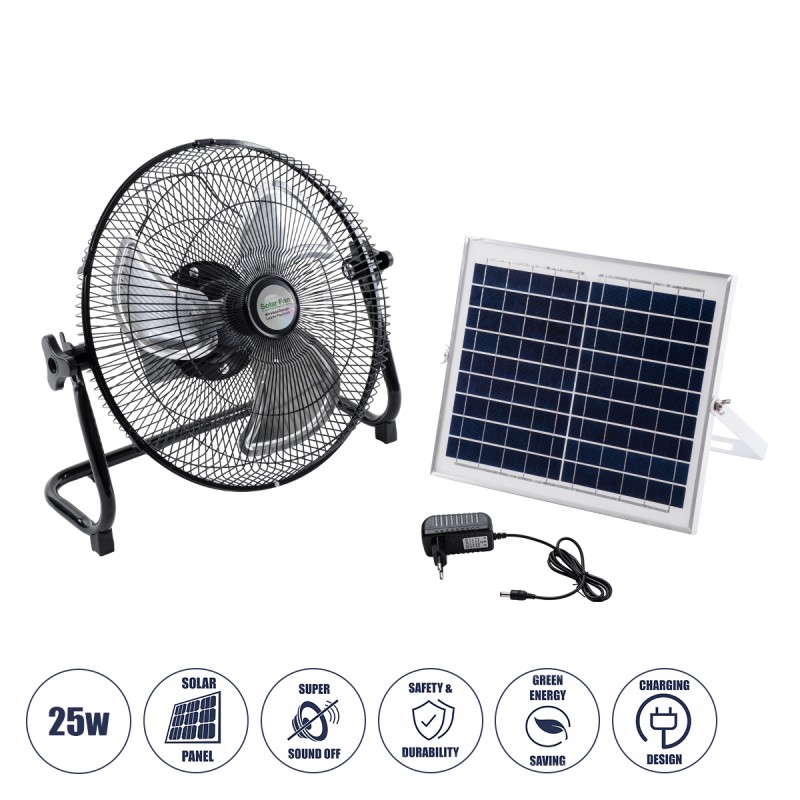 GloboStar® SOLARO-FAN 85352 Solar Fan Αυτόνομος Ηλιακός Επιδαπέδιος Ανεμιστήρας 25W 2 Λειτουργιών Ρεύματος με AC 220-240V ή με Φωτοβολταϊκό Panel 9V 12W & Επαναφορτιζόμενη Μπαταρία Li-ion 7.4V 4400mAh - 12 Ταχύτητες - Ενσωματωμένο USB 2.0 Charger Συσκ